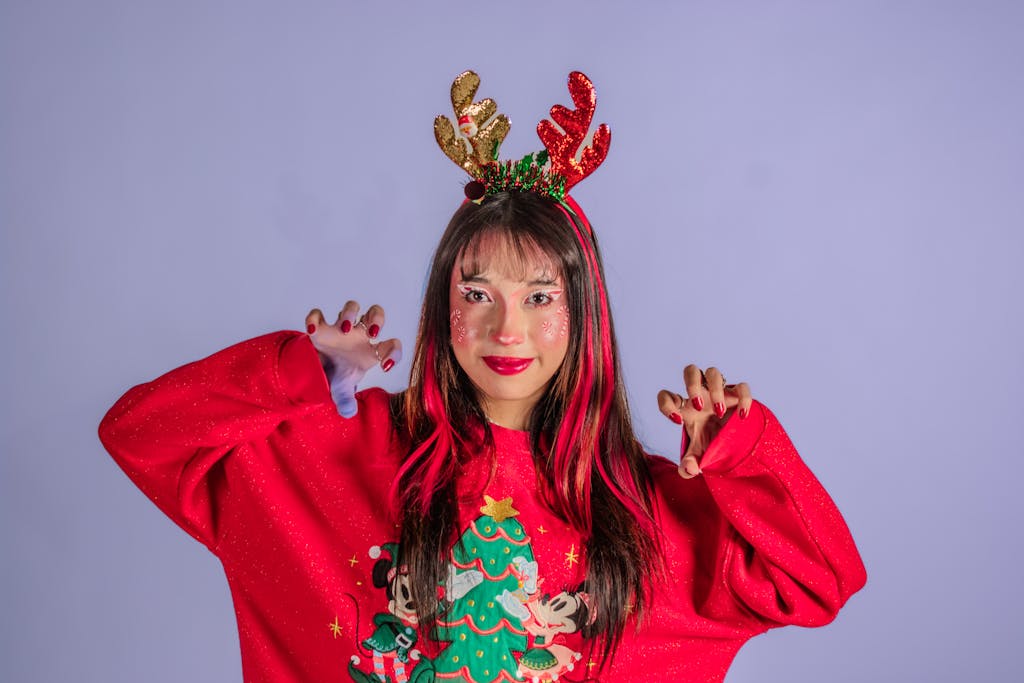 Woman wearing a red Christmas sweater and antler headband, expressing festive joy.