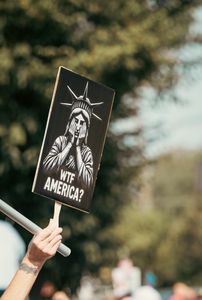 Close-up of a protest sign featuring the Statue of Liberty with the text 'WTF America?' outdoors.